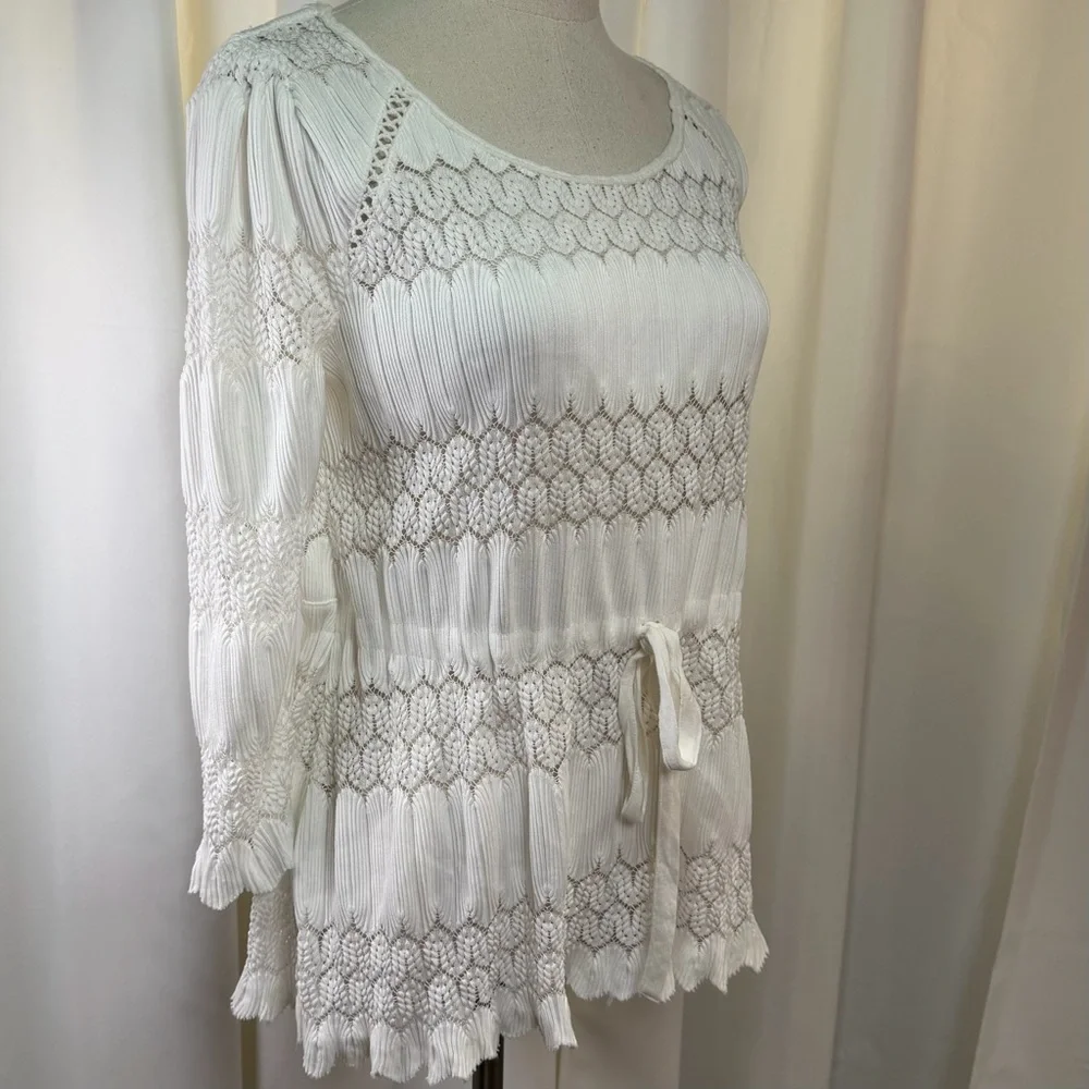 Free People ‘Fire Island’ Embroidered Keyhole Open Knit Peasant Top in White M